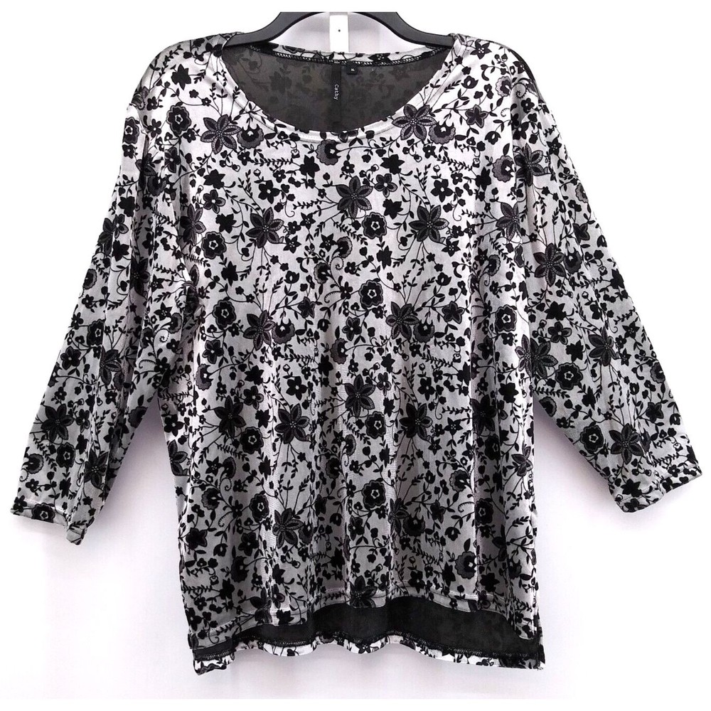 Cathy Shirt Womens Size XL Black Floral Velvet Tunic Blouse